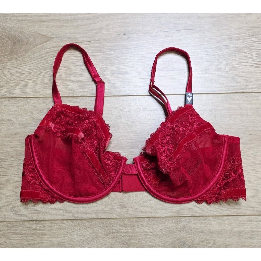 Victoria's Secret Red Lace Demi Bra Size‎ 34D Unlined Embroidered Sexy Sheer